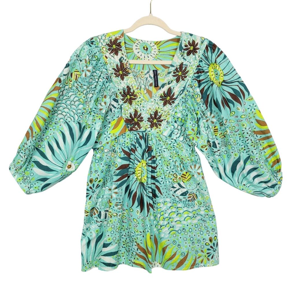 KAS DESIGNS Blue Brown Floral Embroidery Balloon Sleeve Babydoll Top SIZE MEDIUM